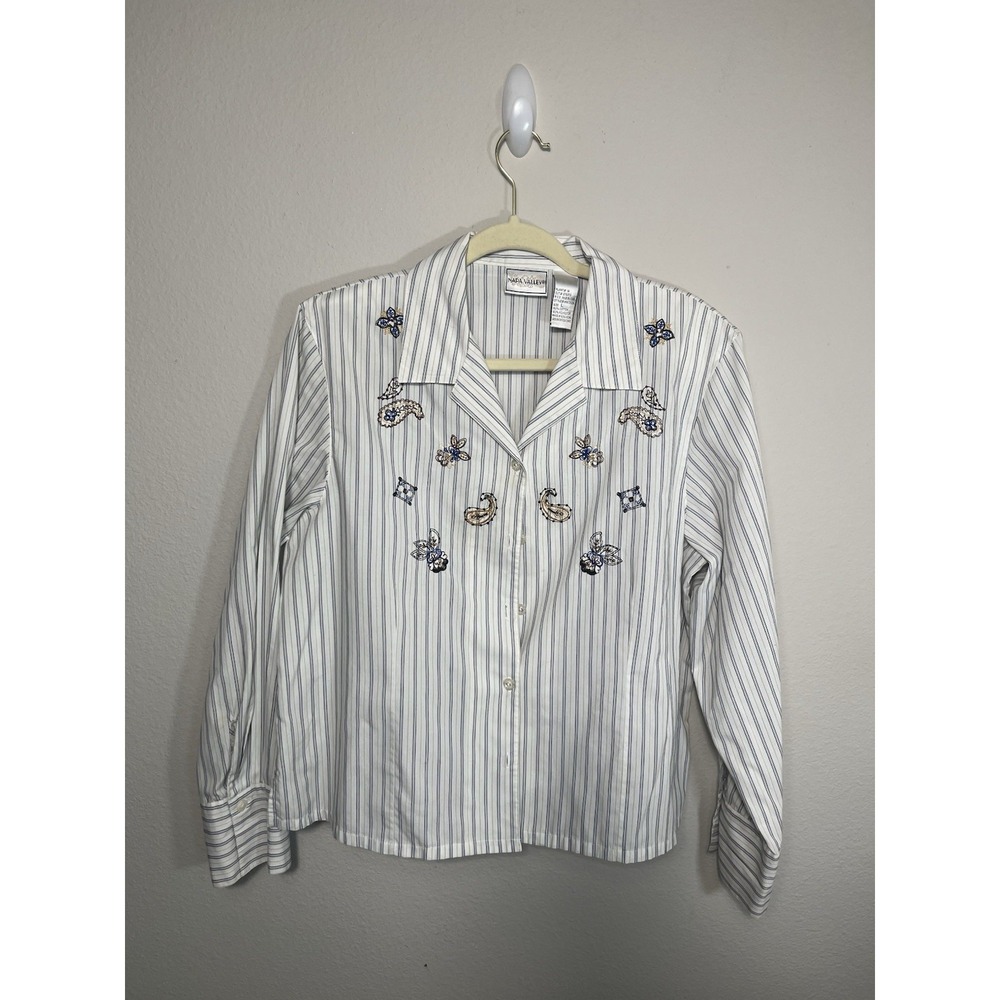 Napa Valley Womens Large White Floral Embroidered Button-Down Shirt VTG